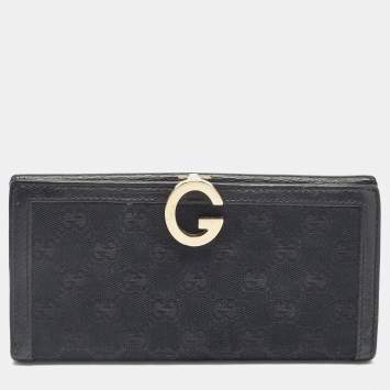 Pre Owned Gucci Black GG Canvas and Leather G Bit Flap Continental Wallet