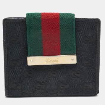 Pre Owned Gucci Black GG Canvas and Leather Web Flap French Wallet