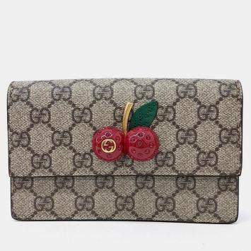 Pre Owned Gucci Beige GG Coated Canvas Mini Cherries Wallet on Chain 