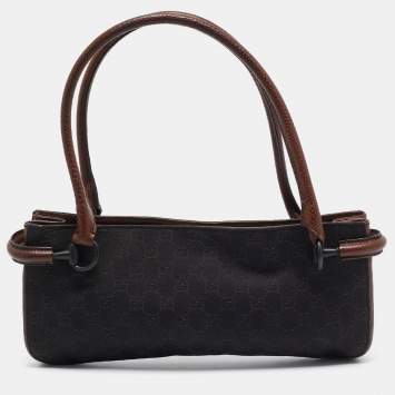 Pre Owned Gucci Dark Brown GG Canvas and Leather East West Horsebit Tote