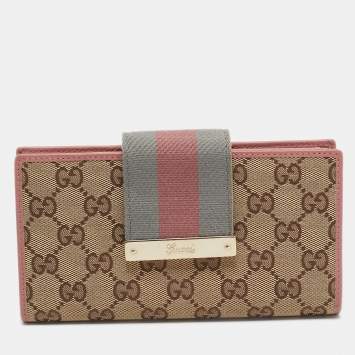 Pre Owned Gucci Pink/Beige GG Canvas and Leather Web Flap Continental Wallet