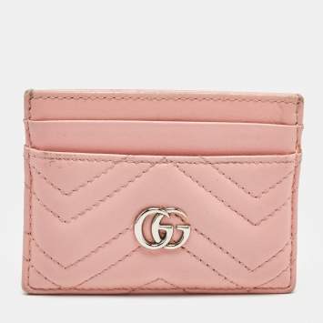 Pre Owned Gucci Pink Matelassé Leather GG Marmont Card Holder