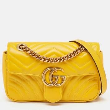 Pre Owned Gucci Yellow Matelassé Leather Mini GG Marmont Shoulder Bag