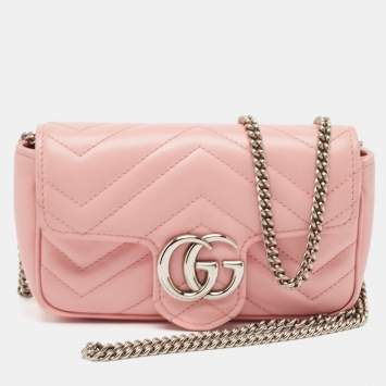 Pre Owned Gucci Pink Matelassé Leather GG Marmont Super Mini Shoulder Bag