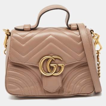 Pre Owned Gucci Beige Matelasse Leather Mini GG Marmont Top Handle Bag