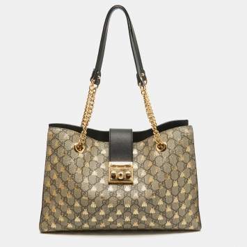 Pre Owned Gucci Black/Beige GG Supreme Canvas and Leather Padlock Bee Tote