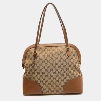 Pre Owned Gucci Brown/Beige GG Canvas and Leather Bree Satchel