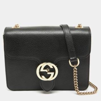 Pre Owned Gucci Black Leather Dollar Interlocking G Crossbody Bag