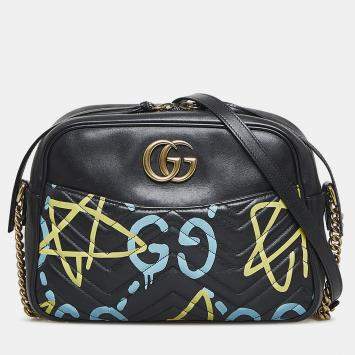 Pre Owned Gucci Black Leather Ghost GG Marmont Bag
