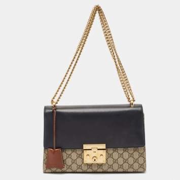Pre Owned Gucci Beige/Black GG Supreme Canvas and Leather Medium Padlock Shoulder Bag