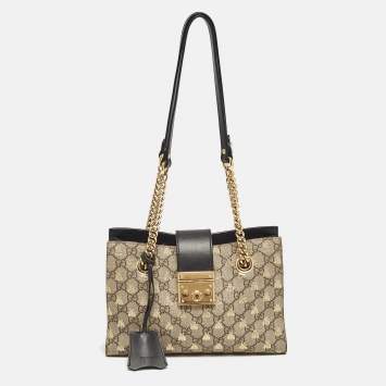 Pre Owned Gucci Black/Beige GG Supreme Canvas and Leather Small Padlock Bee Tote