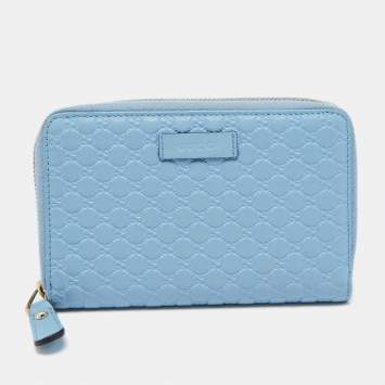 Pre Owned Gucci Blue Microguccissima Leather Zip Around Wallet