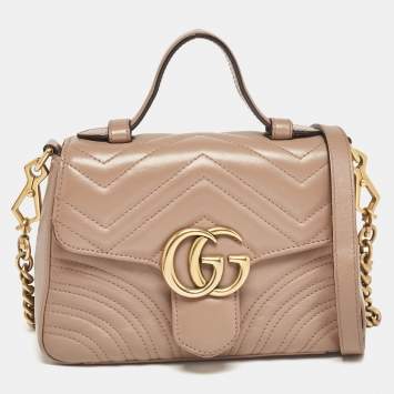 Pre Owned Gucci Dusty Pink Matelassé Leather Mini GG Marmont Top Handle Bag