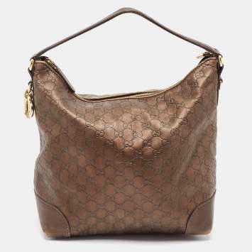 Pre Owned Gucci Dark Brown Guccissima Leather Heart Bit Charm Hobo