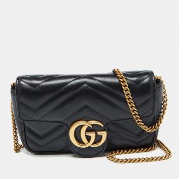 Pre Owned Gucci Black Matelassé Leather GG Marmont Super Mini Shoulder Bag