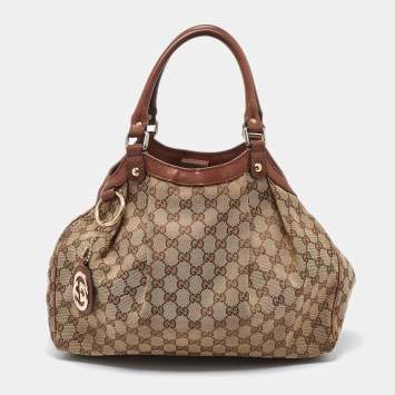 Pre Owned Gucci Beige/Brown GG Canvas and Leather Medium Sukey Tote
