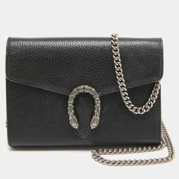 Pre Owned Gucci Black Leather Mini Dionysus Wallet On Chain