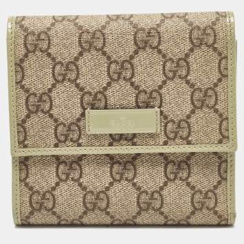 Pre Owned Gucci Beige/Green Supreme Canvas and Patent Leather Trifold Compact Wallet
