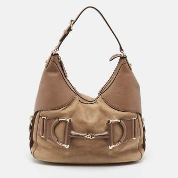 Pre Owned Gucci Beige Leather and Nubuck Horsebit Heritage Hobo