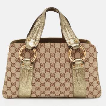 Pre Owned Gucci Metallic/Beige GG Canvas and Leather Bamboo Ring Satchel