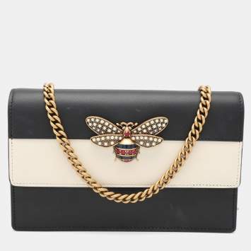 Pre Owned Gucci Black/White Leather Queen Margaret Wallet On Chain