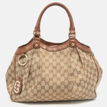 Pre Owned Gucci Beige/Brown GG Canvas and Leather Medium Sukey Tote