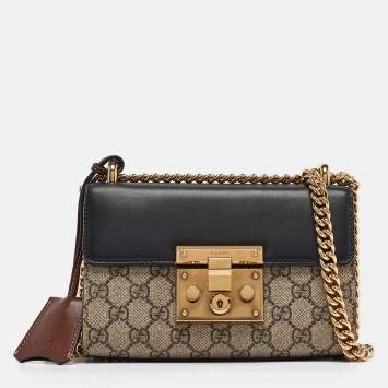 Pre Owned Gucci Black/Beige GG Supreme Canvas and Leather Small Padlock Shoulder Bag