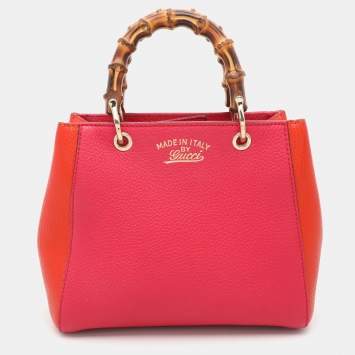 Pre Owned Gucci Pink/Orange Leather Mini Bamboo Tote