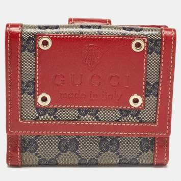 Pre Owned Gucci Red/Blue GG Supreme Crystals Canvas and Leather Logo Flap Compact Wallet