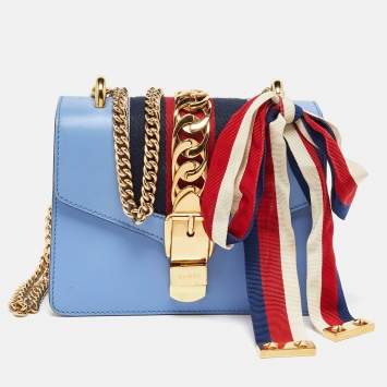 Pre Owned Gucci Blue Leather Small Sylvie Chain Shoulder Bag