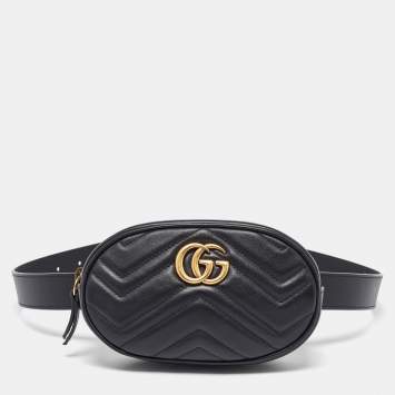 Pre Owned Gucci Black Matelassé Leather Mini GG Marmont Belt Bag