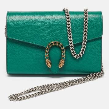 Pre Owned Gucci Green Leather Dionysus Wallet on Chain