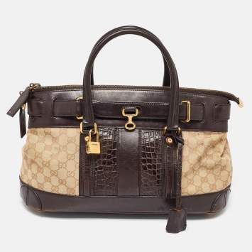 Pre Owned Gucci Beige/Brown GG Canvas, Crocodile and Leather Secret Tote