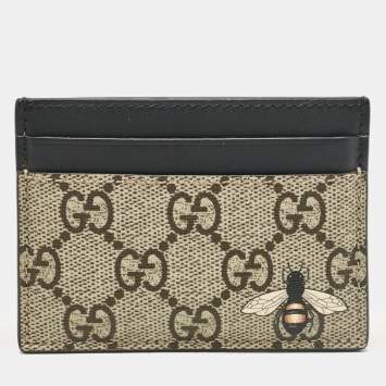 Pre Owned Gucci Beige/Black GG Supreme Canvas and Leather Bee Card Holder  