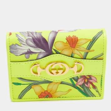 Pre Owned Gucci Neon Yellow Floral Print Canvas and Leather Zumi Card Holder
