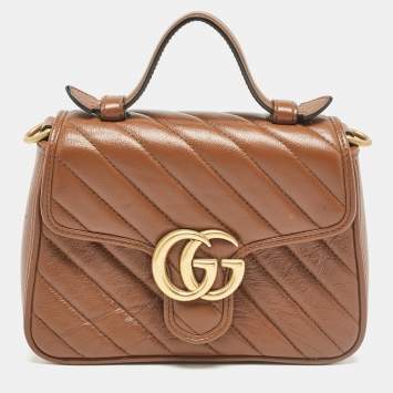 Pre Owned Gucci Brown Matelassé Leather Mini GG Marmont Top Handle Bag