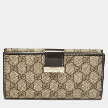 Pre Owned Gucci Brown/Beige GG Supreme Canvas and Patent Leather Metal Flap Continental Wallet