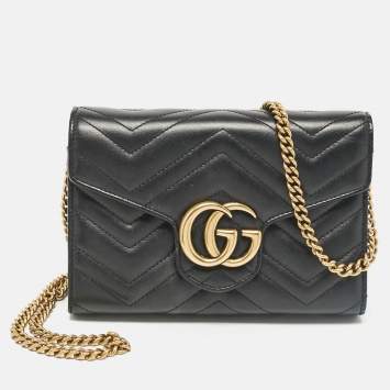 Pre Owned Gucci Black Matelassé Leather GG Marmont Wallet On Chain