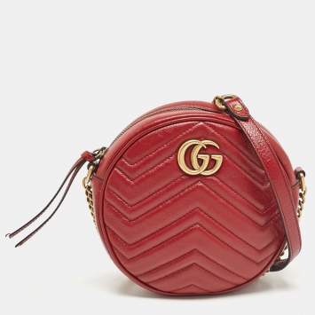 Pre Owned Gucci Red Matelassé Leather Mini GG Marmont Round Shoulder Bag