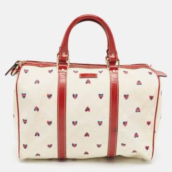 Pre Owned Gucci Red/White Heart Print GG Canvas and Leather Joy Boston Bag 