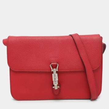 Pre Owned Gucci Red Leather Jackie Flap Shoulder Bag