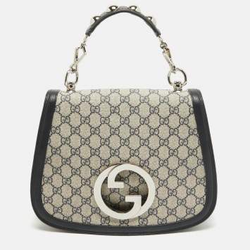 Pre Owned Gucci Navy Blue/Beige GG Supreme Canvas and Leather Blondie Top Handle Bag