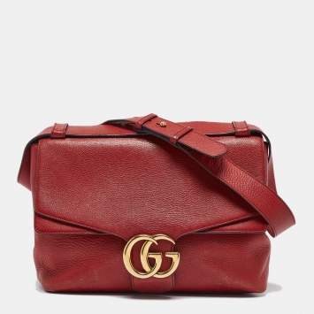 Pre Owned Gucci Red Leather Large GG Marmont Shoulder Bag