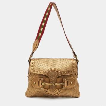 Pre Owned Gucci Gold Leather Studded Pelham Runaway Flap Shoulder Bag