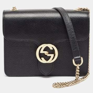 Pre Owned Gucci Black Leather Small Dollar Interlocking G Shoulder Bag