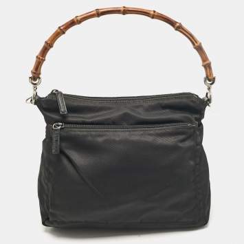Pre Owned Gucci Black Nylon and Patent Leather Bamboo Hobo