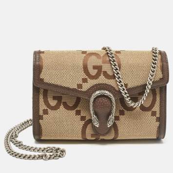 Pre Owned Gucci Brown/Beige Jumbo GG Canvas Dionysus Wallet On Chain