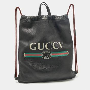 Pre Owned Gucci Black Leather Logo Drawstring Backpack
