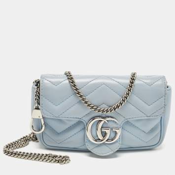 Pre Owned Gucci Light Blue Matelassé Leather Super Mini GG Marmont Shoulder Bag