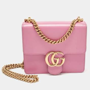 Pre Owned Gucci Pink Leather Small GG Marmont Chain Shoulder Bag